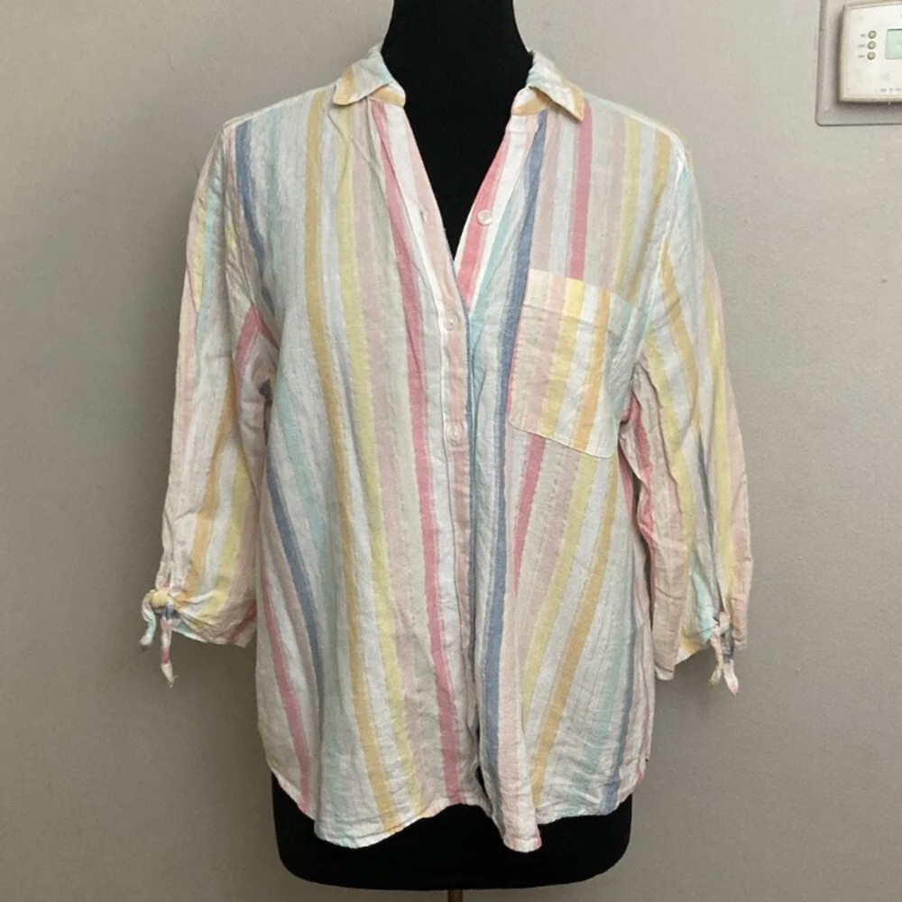 9-8 Chicos Linen Blend Button Up Top Pastel Stripes 2 Large